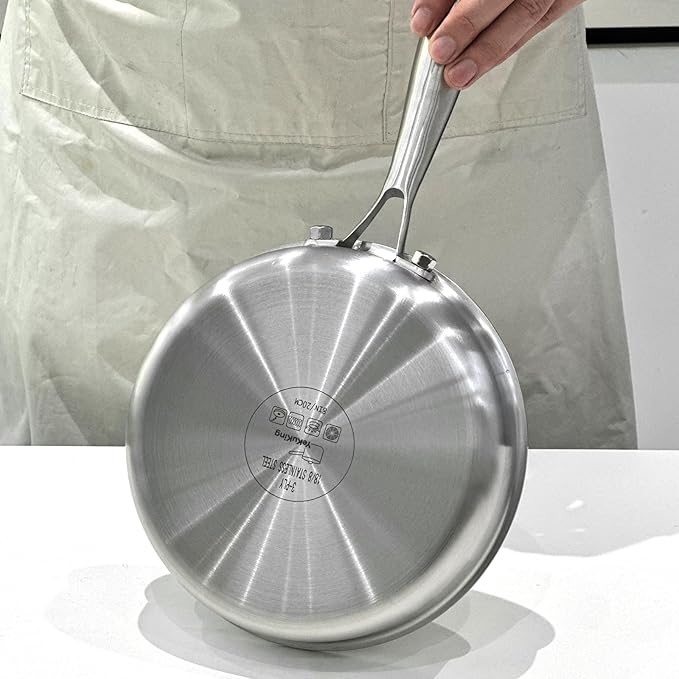 Tri-ply Stainless Steel Frying Pan 12 Inch Large Skillet for Chef's Cooking Pan Induction Oven Dishwasher Safe, Compatible with All Cooktops Up to 600℉ with Kitchen Tongs(Detachable Handle)