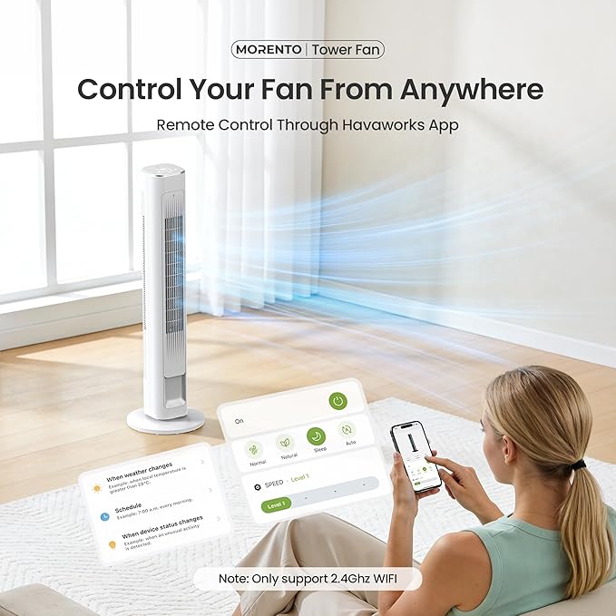 MORENTO Tower Fan for Bedroom, 2026 Upgraded 90° Oscillating 43" Standing Fan with 4 Speeds, 4 Modes, 25ft/s Velocity Bladeless Fan with APP/Voice/Remote/Touch Control, 28dB, 12H Timer, White 1Pack