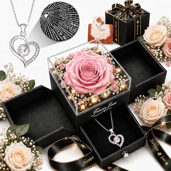 Forever Love Preserved Real Rose with Heart Necklace, Mothers Day Gifts for Mom, Wife, Anniversary Birthday Gifts for Women – Projects “I Love You” in 100 Languages