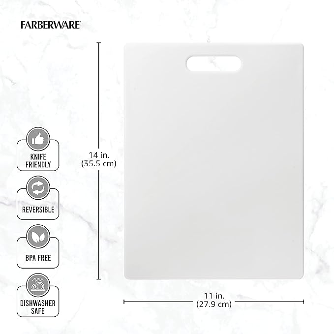 Farberware Large Cutting Board, Dishwasher- Safe Plastic Chopping Board for Kitchen with Easy Grip Handle, 11-inch by 14-inch, White