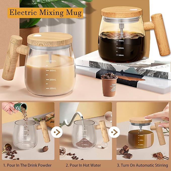 Self Stirring Mug, 400ML Self Stirring Coffee Mug Electric Mixing Mug High Borosilicate Glass Mixing Coffee Mug With 55° Constant Temperature Coaster Suitable for Coffee/Milk/Protein Powder