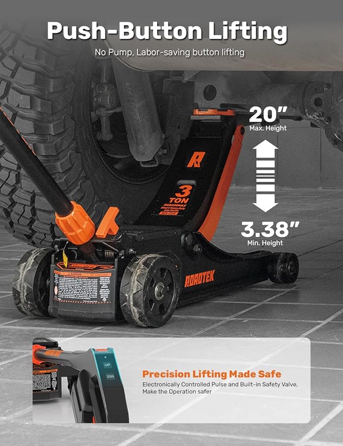 3 Ton Electric Floor Jack, Low Profile Jack for Quickly Car Lift, Hydraulic Service Jack, 6000 lbs Capacity. Lifting Range 3-3/8" to 20"