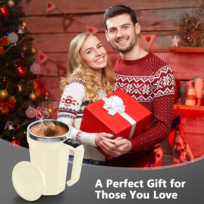Self Stirring Coffee Mug with Temperature Display, 18 oz Rechargeable Self Stirring Mug with Lid, Automatic Self Stirring Cup with Stainless Steel for Coffee, Milk, Beverages, White