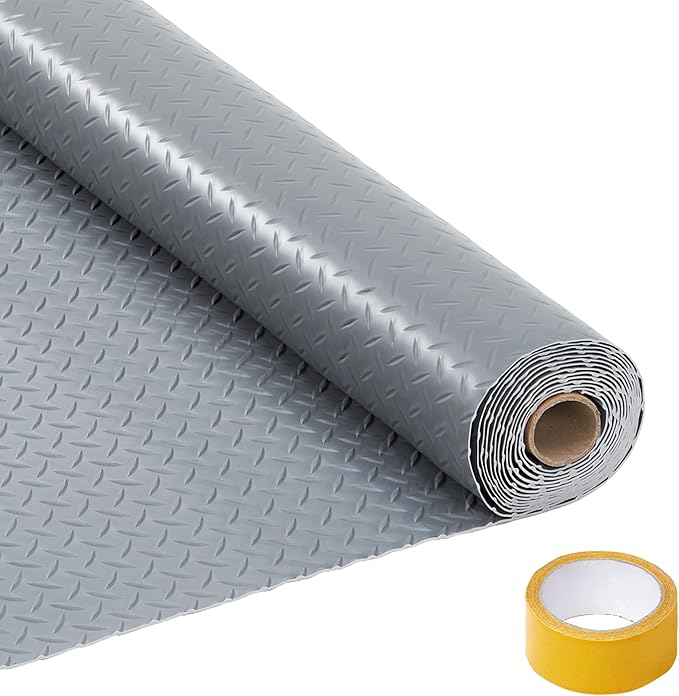 GarveeTech 7.5x17 FT Garage Floor Mat, 2.8mm Thickened Non-Slip PVC Garage Mat Roll, Diamond Plate Floor Protector Mat with 33FT Tapes for Garage, Under Car Parking Mat for SUVs, Trucks, Sports Car