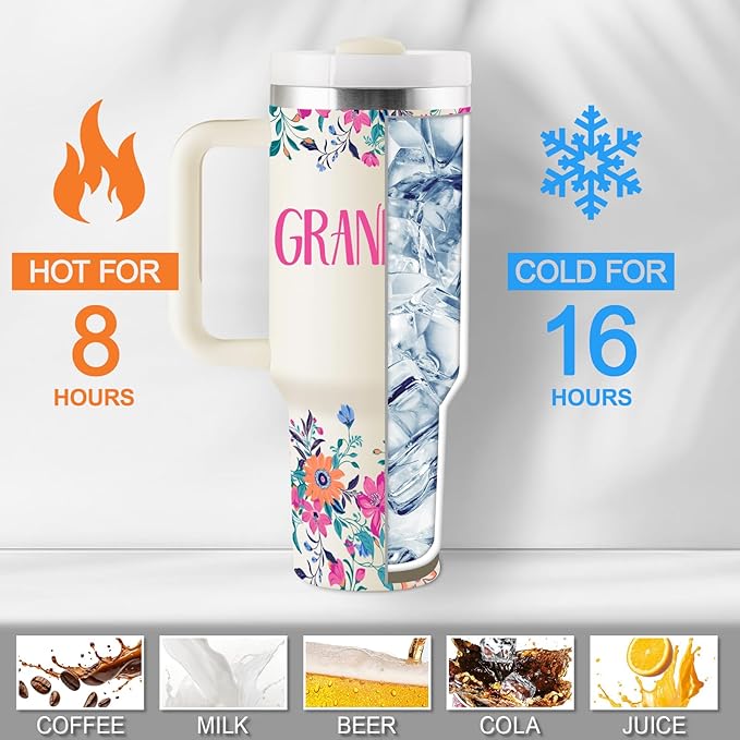 ROSTANTEN Mothers Day Gifts for Grandma Great Grandma Gift Ideas Best Grandmother Birthday Gifts from Granddaughter Grandson 40oz Travel Cup Insulated Tumbler with Lid & Straw