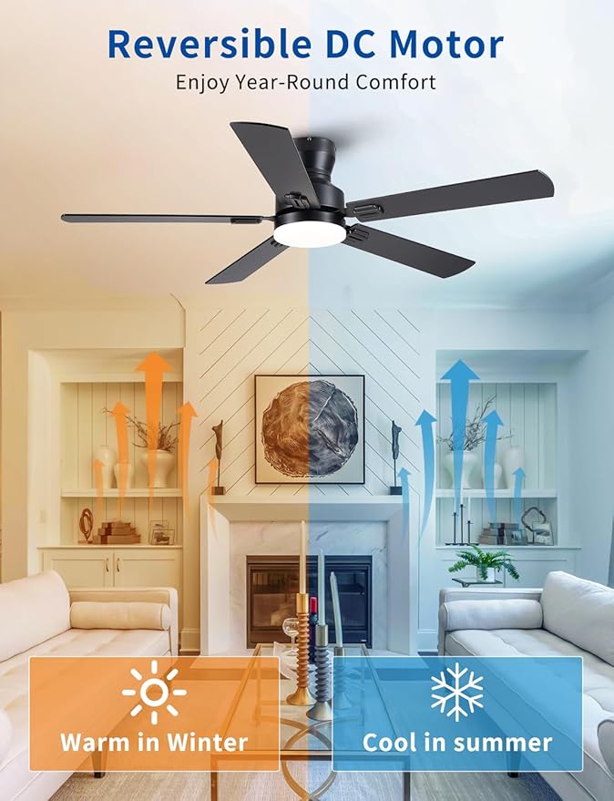 Ceiling Fans with Lights, 52" Low Profile Ceiling Fan with Light and Remote/APP Control, Modern Flush Mount Led Ceiling Fan for Indoor Bedroom Living Room, Dimmable, Qiuet DC Motor, Black