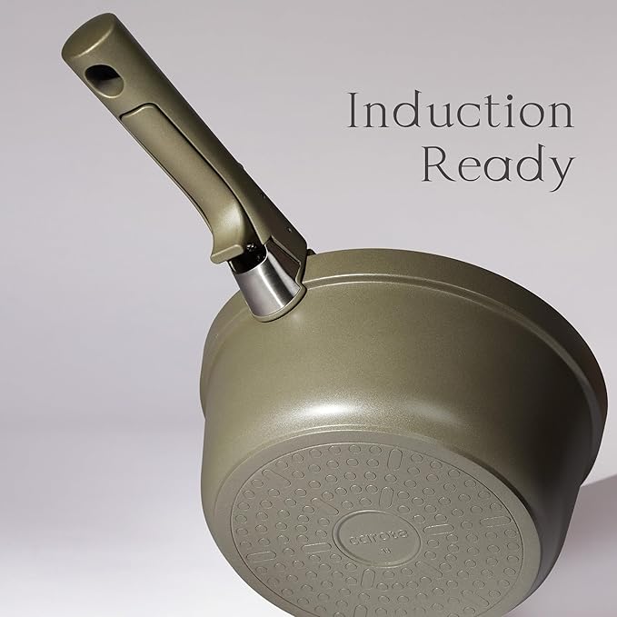 CAROTE Ceramic Saucepan Set 5.5QT/3QT/2QT，Nonstick Cooking Pots Set with Detachable Handles，Non-toxic Stock Pots with Lid，Induction Comptable，PFAS and PFOA Free，Olive Green