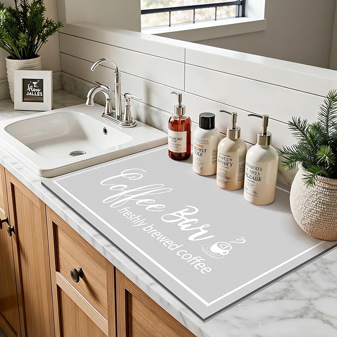 Findosom Dish Drying Mat, 16"x 24" Super Absorbent & Hide Stain Coffee Mat, Cuttable Drying Mat for Kitchen Counter, Coffee Bar Accessories, Under Dish Rack, Coffee Maker, Espresso Machine, LightGrey