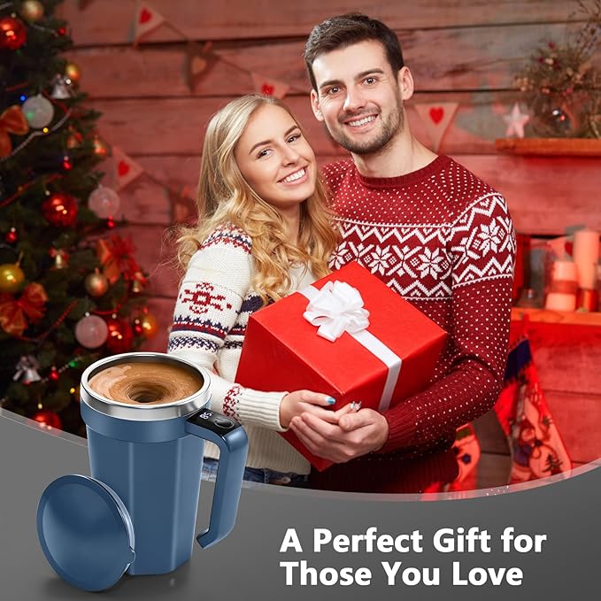 Self Stirring Coffee Mug with Temperature Display, 18 oz Rechargeable Self Stirring Mug with Lid, Automatic Self Stirring Cup, Coffee Mug with Stainless Steel for Coffee, Milk, Beverages, Blue