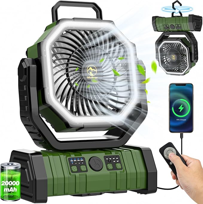 20000mAh Rechargeable Camping Fan, Auto-Oscillating Portable Fan for Camping with Remote & LED Lantern, 4 Speeds Battery Powered Fan with Hanging Hook & Timer for Tent, Travel, Outdoor, Home, RV