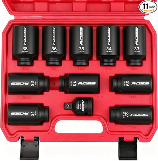 1/2 Drive Deep Impact Socket Set: 11-Piece Metric Size Wheel Axle Nut Wrench Metric Large Jumbo 27mm 29mm 30mm 31mm 32mm 33mm 34mm 35mm 36mm 38mm Spindle Joint High Torque Truck Bearing Locknut