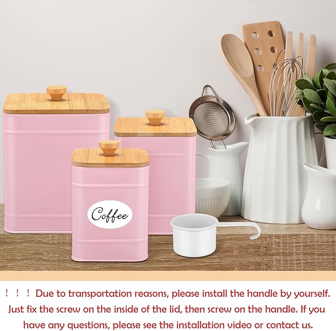 Tioncy Kitchen Canisters for Countertop Set of 3 Metal Canisters Sets with Bamboo Lids Spoon Airtight High Capacity Coffee Tea Sugar Flour Jars with DIY Labels Farmhouse Food Storage(Pink,L,M,S)