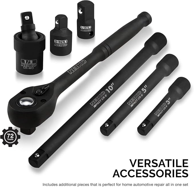 NEIKO 02446A 1/2" Impact Socket Set, 35 Piece, Deep Socket Kit Assortment, Standard SAE (3/8”-1-1/4”) and Metric MM (10-32mm) Sizes, Includes Ratchet Handle and Impact Extension Bars