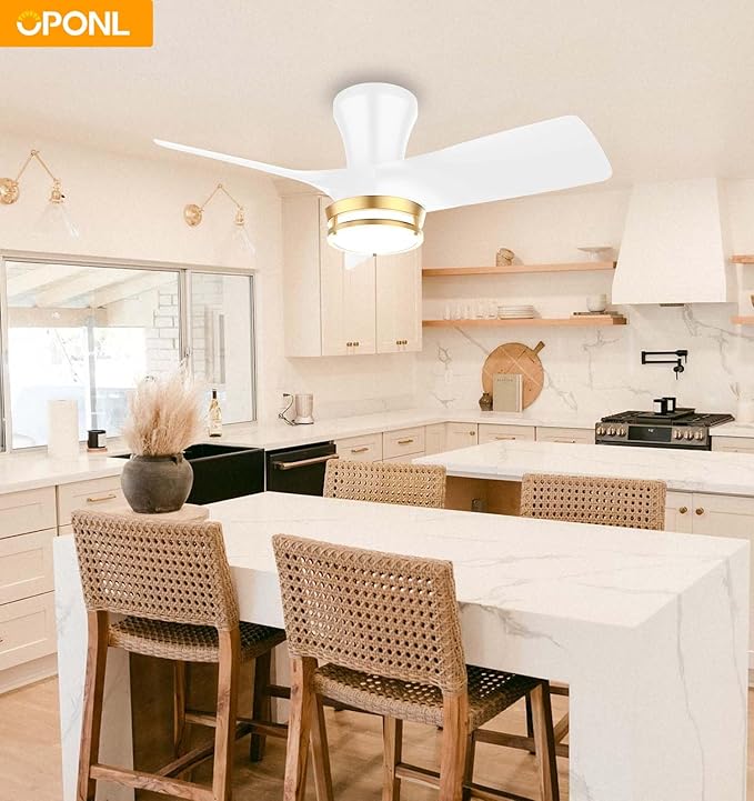 OPONL 30 Inch White Ceiling Fan with Light, with Gold Trim Ring, Large Air Volume, flush mount ceiling fan for Bedroom Kitchen Dining room Patio