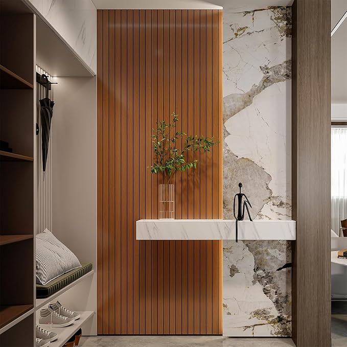 YLL YLL PVC Slat Wall Panel Peel and Stick 118"x 15.7" Faux Walnut Wood Grain Slat Panel Self-Adhesive Wallpaper Soundproof 3D Wall Panels