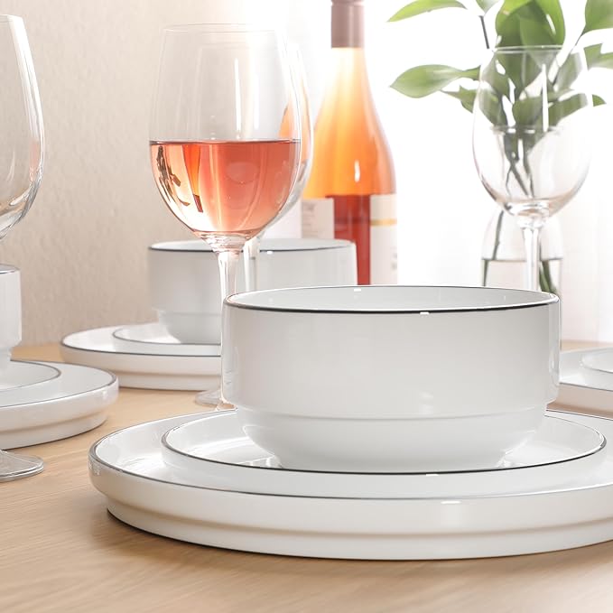 Gibson Home Rothernberg Plates and Bowls 18 Piece Porcelain White Dinnerware Set W/Black Rim | Stackable Dishes | Microwave & Dishwasher Safe