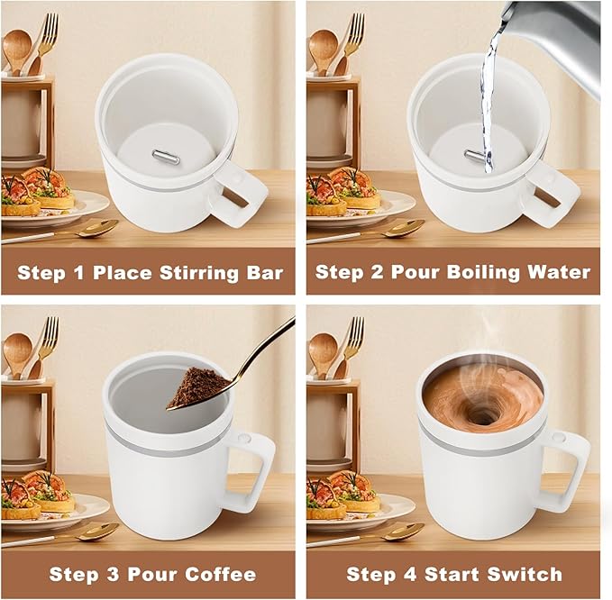Self Stirring Mug, 360mL Rechargeable Electric Ceramic Coffee Mug with Stainless Steel Stir Bar, Automatic Mixing for Coffee, Milk, Hot Chocolate, Protein Powder, Cocoa