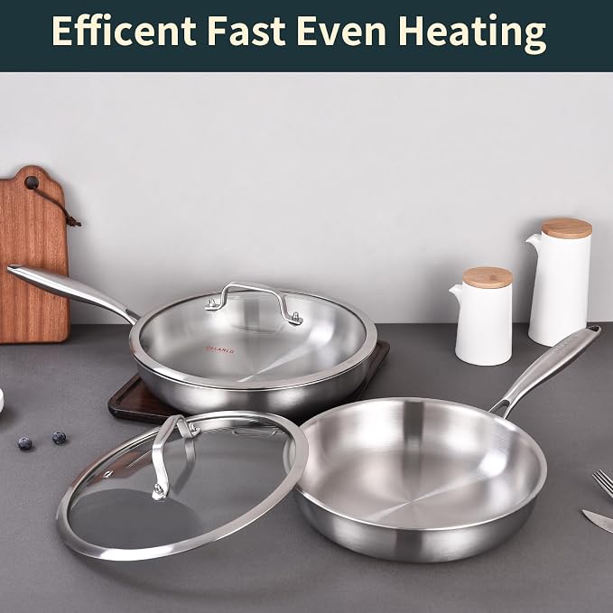 DELARLO Tri-ply Stainless Steel Frying Pan Set with Lid 8" 10" | Induction Large Skillets, Chef's Pan, Pots and Pans Set, PTFE & PFOA Free, Suitable for All Stove