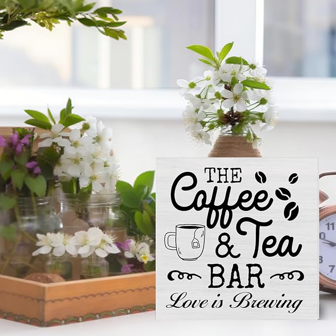Coffee & Tea Bar Sign Decor, Coffee Tea Station Accessories, Farmhouse Kitchen Wooden Sign Desk Table Decor