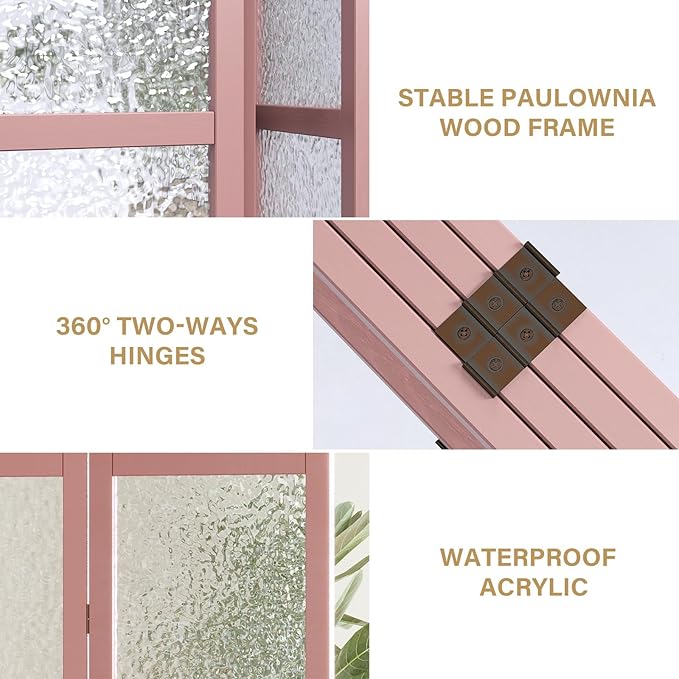 4 Panel Acrylic Room Divider Privacy Screen - Freestanding Frosted Translucent Partition, Lightweight Modern for Home Office Studio (Pink, 4 Panels)