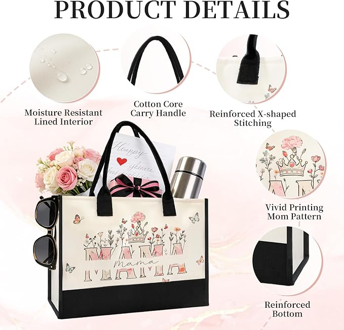 Mothers Day Gifts for Mom from Son Daughter- Large Canvas Tote Bag for Women New Mom Gifts, Floral Print Beach Bag Mama Gift for Mother's Day Birthday
