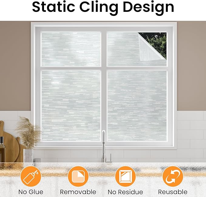 Haton Window Privacy Film, Frosted Glass Static Cling Sun Heat Blocking Window Clings, Frosting Opaque Coverings Stickers Tint for Home Office Door, Non Adhesive, White 29.5" x 157.4"