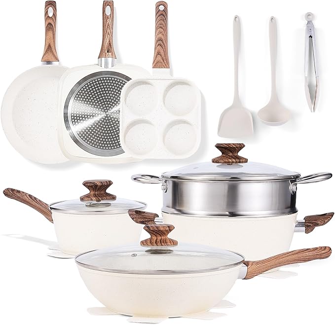 NEWBULIG 17-Piece Nonstick Cookware Set, Non-Toxic Pots and Pans with Stay-Cool Handles, Induction Compatible Cookware, PFAS & PFOA-Free, Cream White