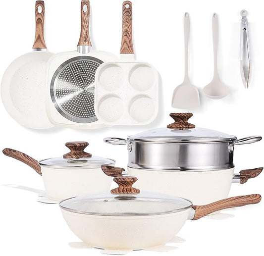 NEWBULIG 17-Piece Nonstick Cookware Set, Non-Toxic Pots and Pans with Stay-Cool Handles, Induction Compatible Cookware, PFAS & PFOA-Free, Cream White