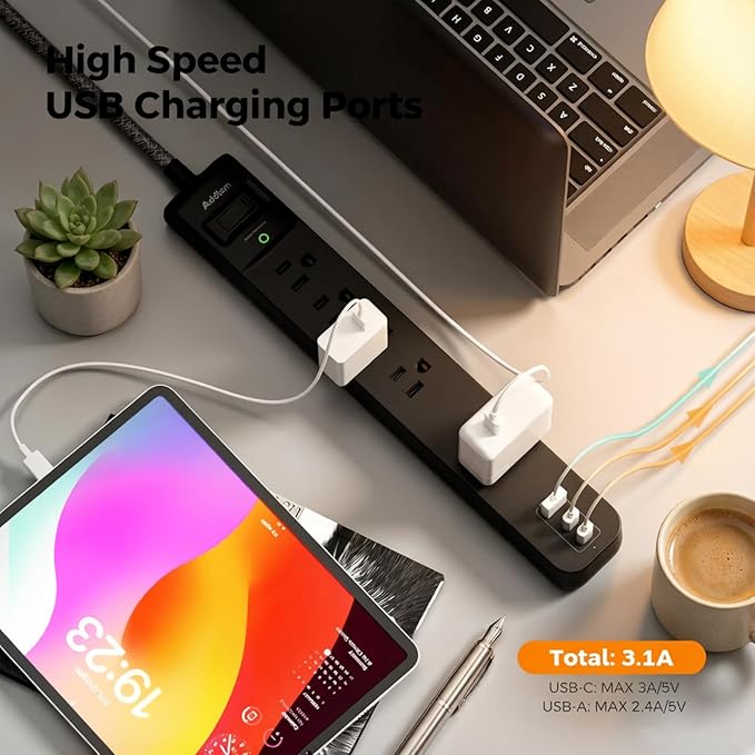 Addtam 2 Pack Power Strip Surge Protector – 5 Wide Spaced Outlets 3 USB (2 USB-C) Charging Ports, 1875W/15A, 25ft Braided Cord, Flat Plug, Overload Surge Protection, Wall Mount for Home, Office & Dorm