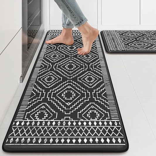 KIMODE Anti Fatigue Kitchen Mat,Black Boho Kitchen Rugs Non Slip Sets of 2,Kitchen mats for Floor Cushioned,Morocco Geometric Memory Foam Cushioned Standing Mats for Sink,Laundry,Office