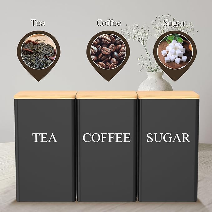 3 Pcs Coffee Tea Sugar Container Set, 1000 ML Metal Teas and Coffee Canisters Set with Bamboo Lids, Black Canisters Sets for Kitchen,Food Storage Container Jars for Kitchen Counter Storage (Black)