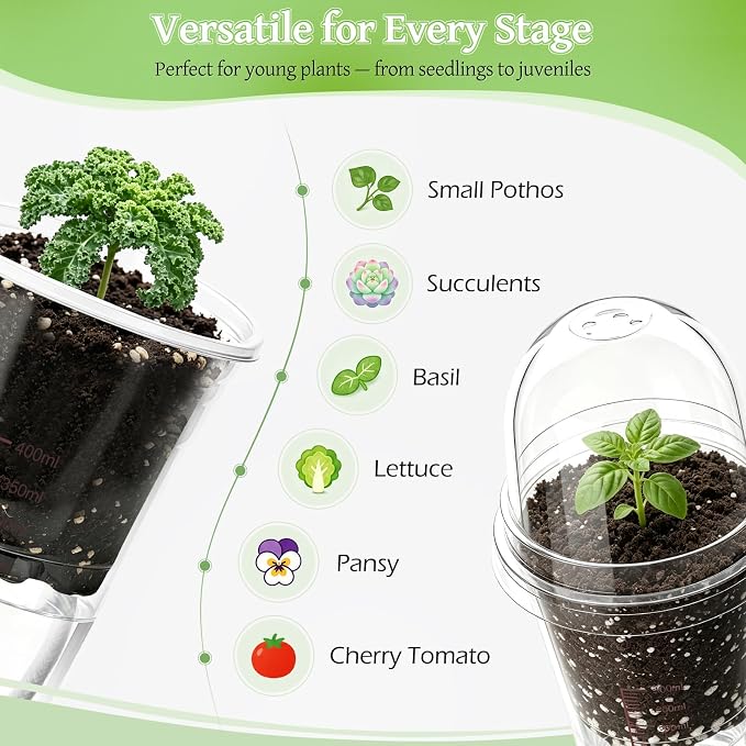 30 Pack 4" Self Watering Propagation Pots, Seed Starter Cups with Dome | Large Dual-Layer Clear Pots, Vent Dome, Self-Watering Reservoir, For Cuttings & Seedlings, 30 Plant Labels Included