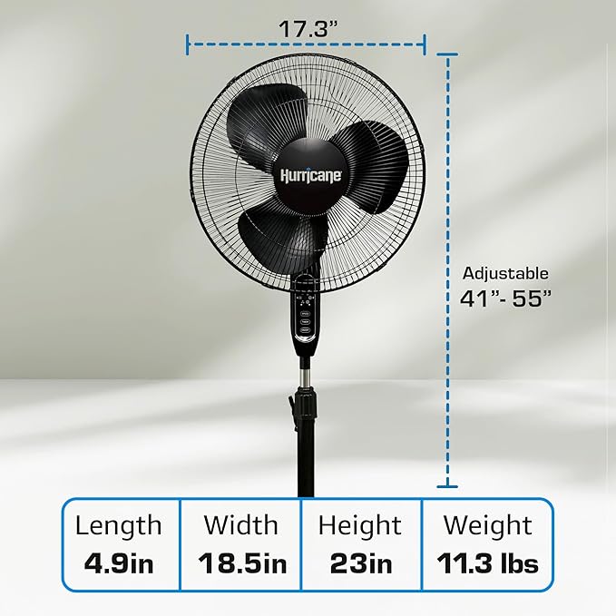 Hurricane Supreme Oscillating Pedestal Stand Fan with 3 Quiet Speeds, Black, 16" - Corded Electric Air Cooling Unit with Remote Control & Adjustable Height for Home, Apartment, Workshop or Office