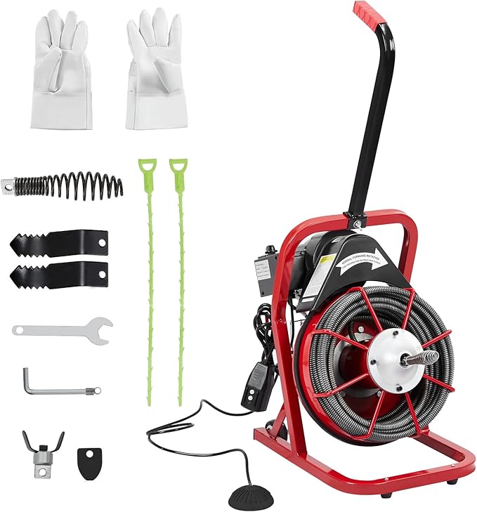 Electric Drain Cleaner Machine, 75FT x 3/8" Cable, 250W Auto-Feed Sewer Snake, 4 Interchangeable Cutter Heads, Air Foot Switch, Portable Auger for 1"-4" Pipes, Home and Commercial Use
