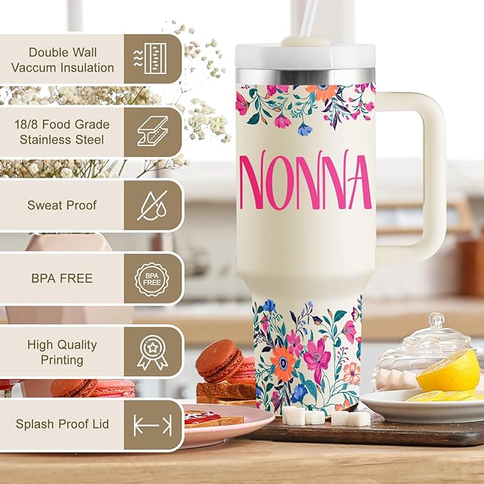 ROSTANTEN Nonna Gifts Nonna Mothers Day Gifts for Nonna Birthday Gifts for Nonna Best Nonna Gift from Grandkids 40oz Travel Cup Insulated Tumbler with Lid & Straw