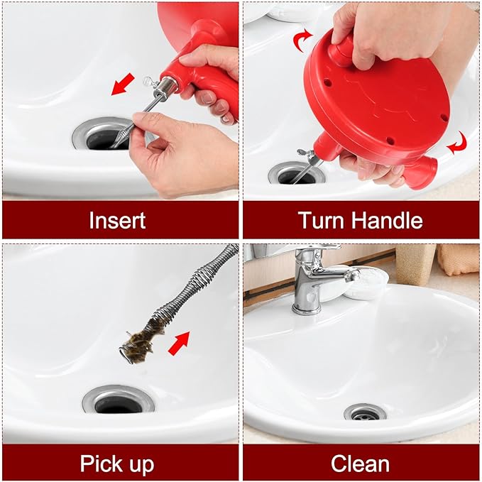 HARFINGTON Drain Augers 33 Ft Stainless Steel Flexible Plumbing Auger Hair Drain Cleaner Tool Toilet Auger Clog Remover Tool for Kitchen Bathroom Shower Sink Toilet Bathtub, Red