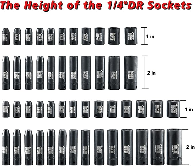 AOBEN 1/4-Inch Drive Impact Socket Set, 54 Pieces, 6 Point, SAE/Metric, (5/32" - 9/16" ，4mm -15mm)，Deep/Shallow, Cr-V Steel, Includes Extension bars and Socket Adapter