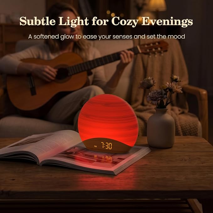 REACHER Natural Wood Grain Sound Machine Sunrise Alarm Clock，26 Nature Inspired Sleeping Sounds, 0-100% Dimmable Clock, Night Light,Brown/Pink/White Noise Sound Machine for Babys, Kids, Adults