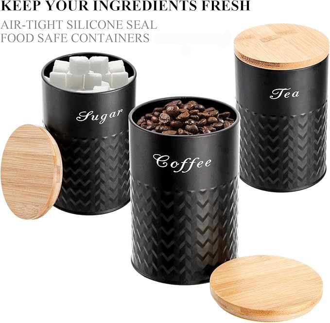 Bekith 3 Pack Kitchen Canisters with Bamboo Lids, Airtight Metal Canister Set, Food Storage Containers Jars for Coffee, Sugar, Tea, Flour, Rustic Kitchen Decor Containers, Black