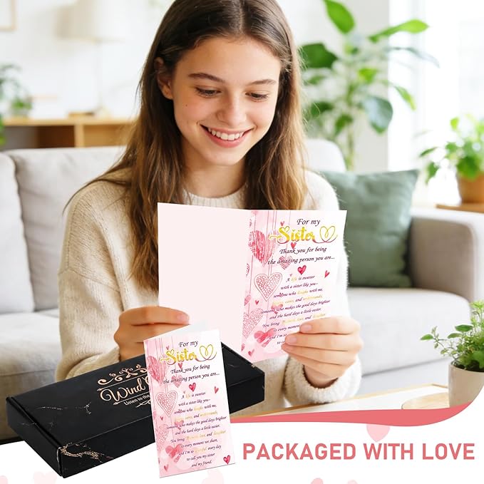 Sister Gifts Wind Chimes for Outside - Metal Windchime with Wooden Heart Pendant, Greeting Card & Black Gift Box - Birthday for Sister from Sister, Garden Patio Hanging Decor