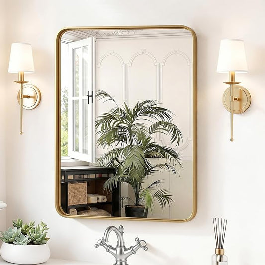 Sweetcrispy Bathroom Wall Mirror, 30x22 Inch Wall Mount Mirror for Over Sink, Modern Rounded Rectangle Vanity Mirrors with Matte Metal Framed, for Home Decor, Living Room, Bedroom, Gold