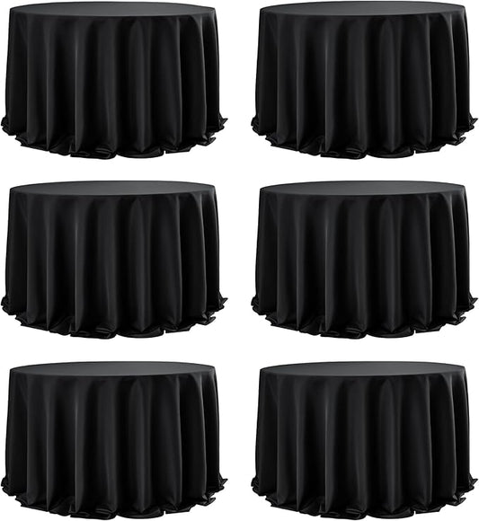 6-Pack Black Round Tablecloths, 132 Inches, Stain-Resistant Polyester for 6-8 Ft Round Tables - Washable Table Covers for Weddings, Banquets, Birthday Parties, Events