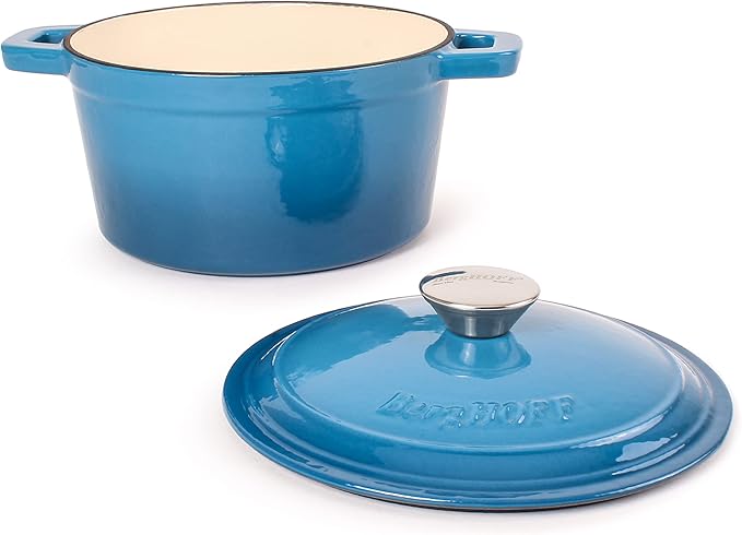 BergHOFF Neo 4Pc Enameled Cast Iron Cookware Set, Grill Pan 11 inches, Fry Pan 10 inches, 3qt. Dutch Oven, Matching Lid, Fast, Evenly Heat, Oven Safe (Blue)