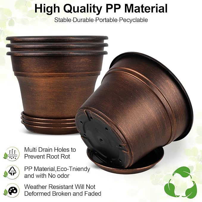 Plant Planters Pots Set of 4 Pack 11 Inch, Plastic Flower Pot For Indoor Plants With Drainage Holes & Trays, Resin Decorative Container Sets With Saucer For House Outdoor Garden Planters Copper