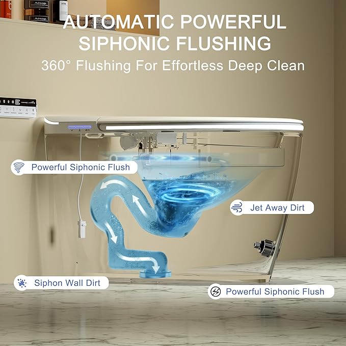 Luxury Smart Toilet with Foam Shield Auto-Open/Close Lid,One Piece Bidet Toilet Heated Seat for Bathrooms, Multiple Cleaning Modes,Aromatic Spray,Air Purification,Smart Foot Sensor