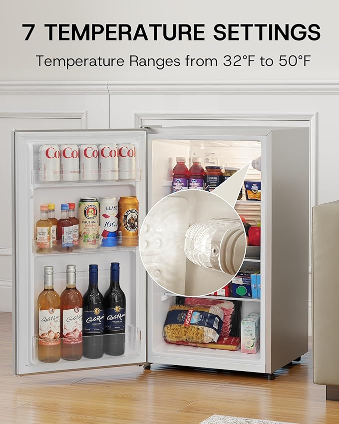 Upstreman 3.2 Cu.Ft All-Refrigerator Mini Fridge, Single Door Small Refrigerator, Dorm Fridge with 7 Adjustable Thermostat, Compact Refrigerator for Office, Bedroom or Dorm, Silver-CR32