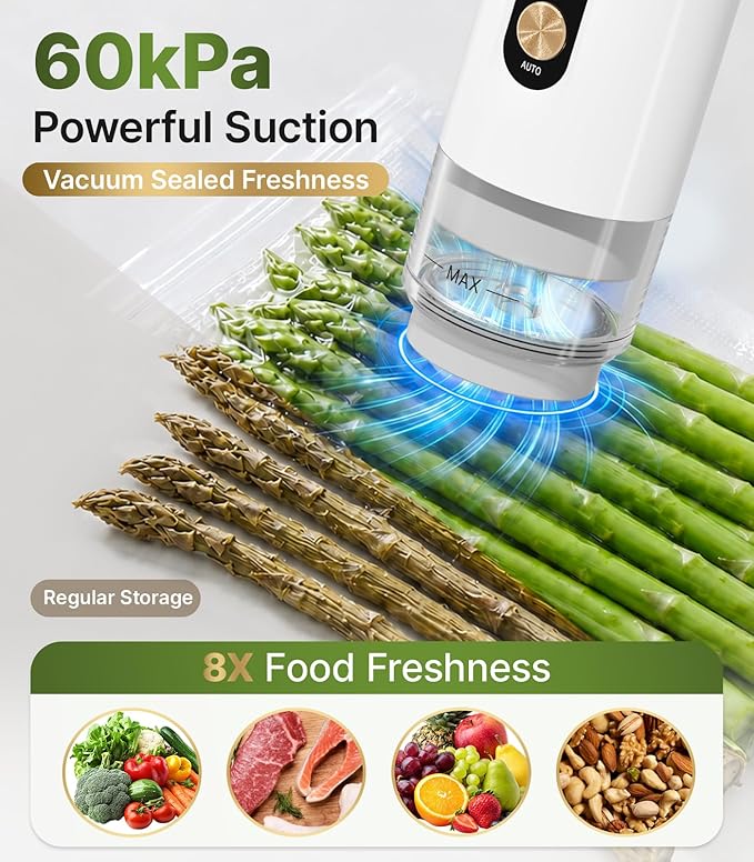 Compact Handheld Vacuum Sealer for Food, Portable Wireless Vacuum Sealer with 60kPa Suction, Dual Modes, Visible Water Reservoir, Includes Complete Set for Food Preservation