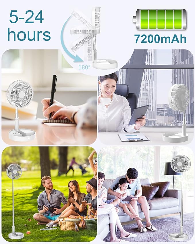 UN UNITEDTIME Desk and table fan, Foldable Fans Portable Travel Fan Battery Operated or USB Powered,Adjustable Height,My Foldaway fan with remote Control Timer 4 Speed Settings (White)