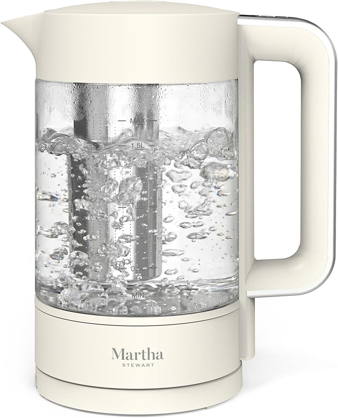 Martha Stewart Electric Kettle with Removable Stainless Steel Tea Infuser, Glass Carafe 1.7L (7 Cups), Hot Water Boiler, 4 Presets, Keep Warm & Auto Shut-Off, Cordless 360° Swivel Base, Linen White