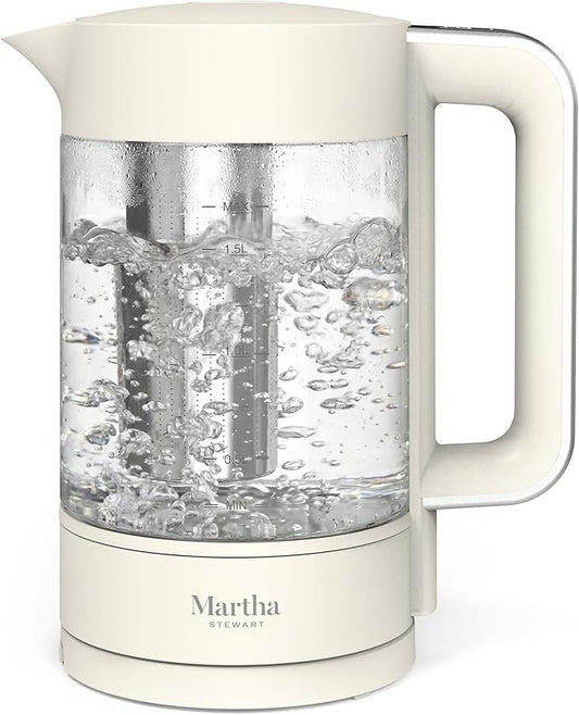 Martha Stewart Electric Kettle with Removable Stainless Steel Tea Infuser, Glass Carafe 1.7L (7 Cups), Hot Water Boiler, 4 Presets, Keep Warm & Auto Shut-Off, Cordless 360° Swivel Base, Linen White